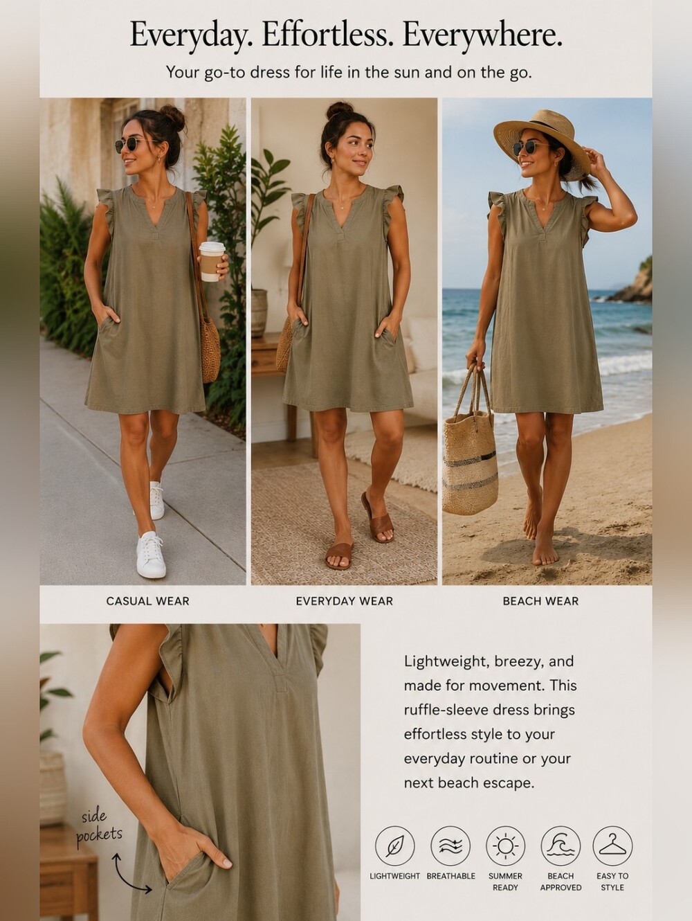Cotton Bleu Olive Ruffle Sleeve Casual Beach/| Everyday Summer Midi Dress S